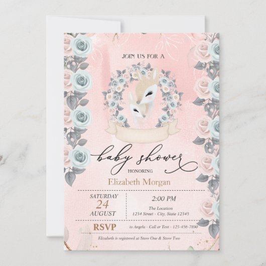 Schattigee Baby Deers Border Rozen Baby shower Kaart (Voorkant)