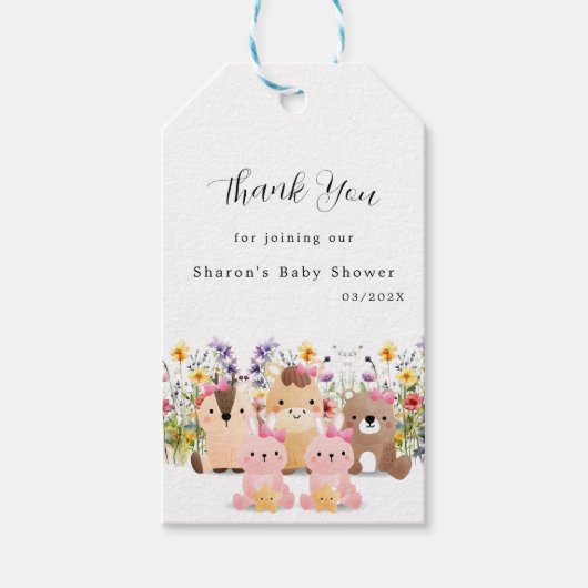 Schattigee Baby Dieren en Wildflower | Baby shower Cadeaulabel (Voorkant)