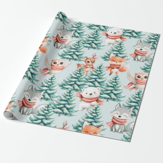 Schattigee Baby Dieren Kerst Wrapping Paper Cadeaupapier (Uitgerold)