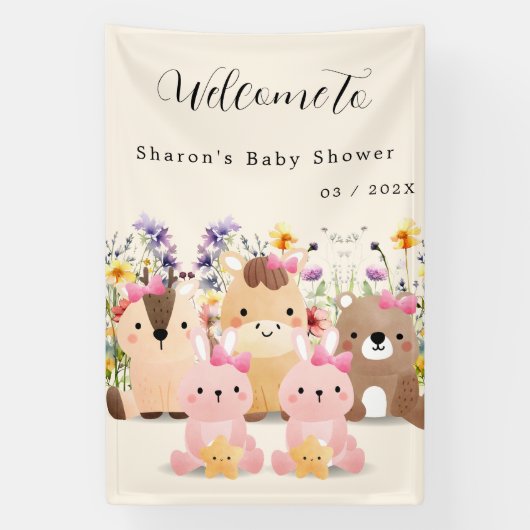 Schattigee Baby Dieren & Wildflower Baby shower Spandoek (Verticaal)