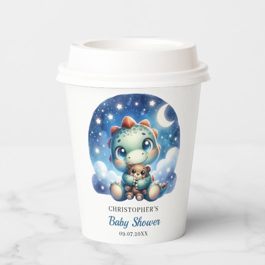 Schattigee baby dinosaurus knuffelen beer in sterr papieren bekers (Achterkant)