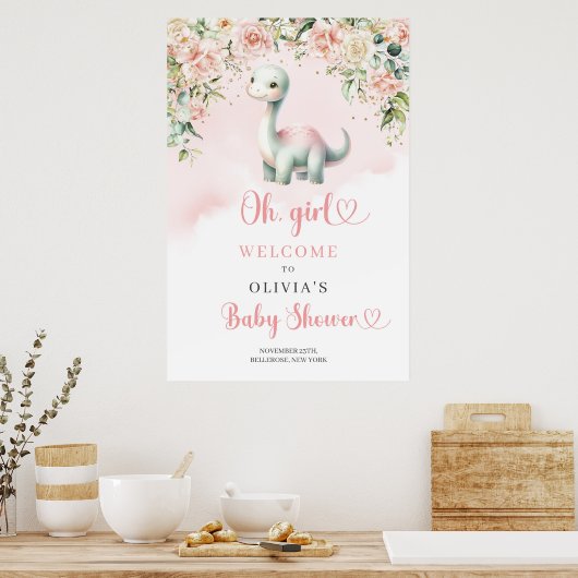 Schattigee baby dinosaurus meisje blozen rozen wel poster (Keuken)
