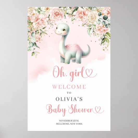 Schattigee baby dinosaurus meisje blozen rozen wel poster (Voorkant)