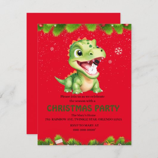 Schattigee baby Dinosaurus met sneeuwpop kerstfees Feestdagenkaart (Voorkant / Achterkant)