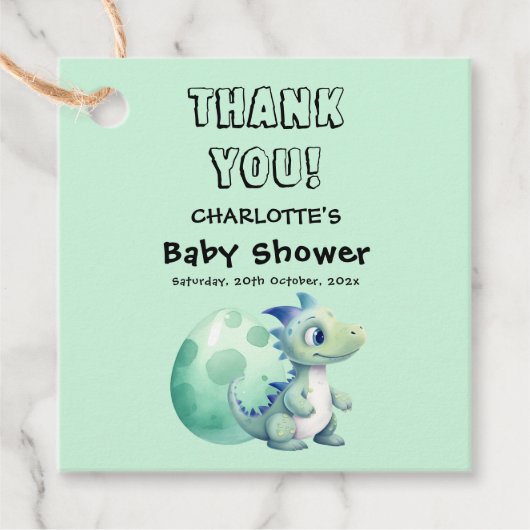 Schattigee Baby-dinosaurus met zijn ei-Baby shower Bedankjes Labels (Voorkant)