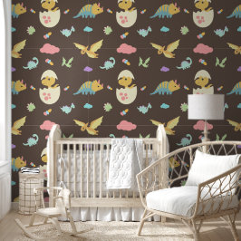 Schattigee Baby dinosaurussen roze wolken & bruine Behang