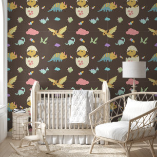 Schattigee Baby dinosaurussen roze wolken & bruine Behang
