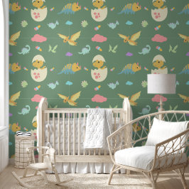 Schattigee Baby Dinosaurussen Roze Wolken & Groene Behang