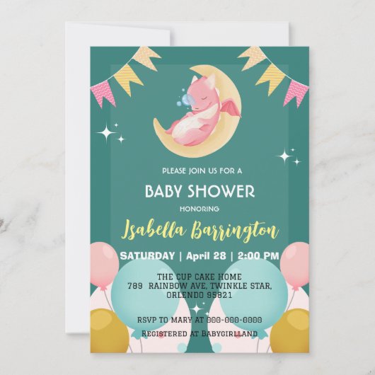 Schattigee baby draak dinosaurus ballon meisje bab kaart (Voorkant)