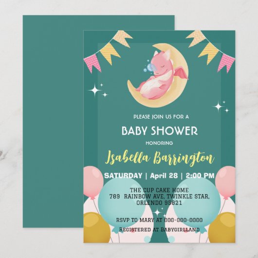 Schattigee baby draak dinosaurus ballon meisje bab kaart (Voorkant / Achterkant)