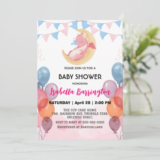 Schattigee baby draak dinosaurus ballon meisje bab kaart (Staand voorkant)