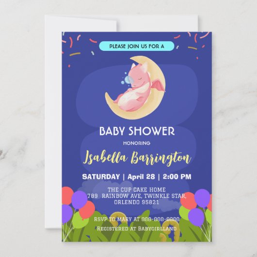 Schattigee baby draak dinosaurus ballon meisje bab kaart (Voorkant)