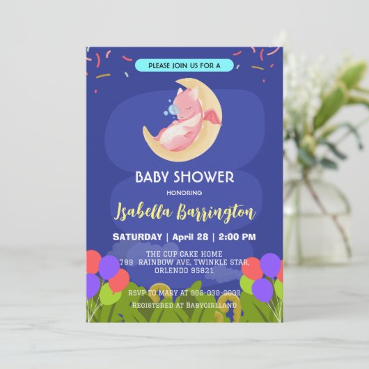 Schattigee baby draak dinosaurus ballon meisje bab kaart (Staand voorkant)