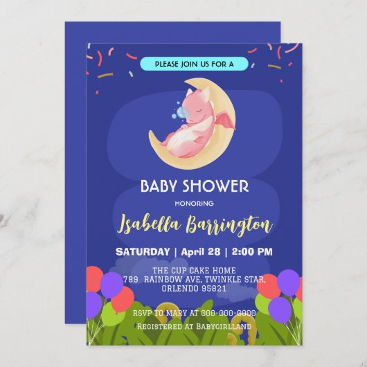 Schattigee baby draak dinosaurus ballon meisje bab kaart (Voorkant / Achterkant)