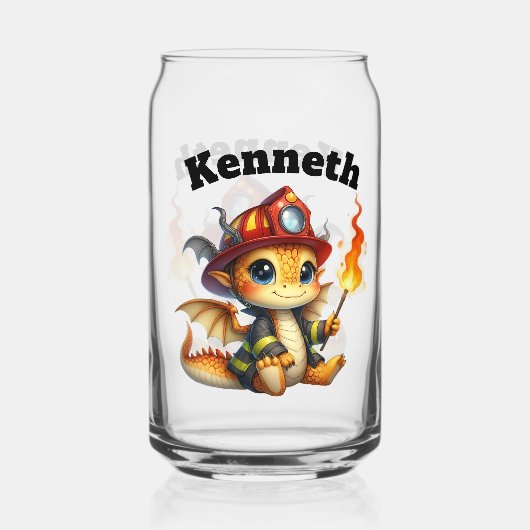 Schattigee baby-draak in brandweeruitrusting blikvorm glas (Achterkant)