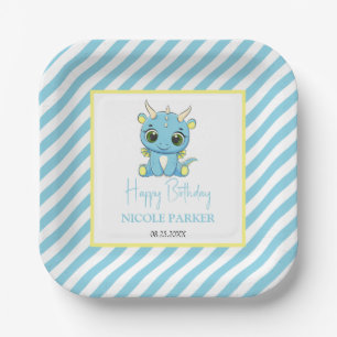 Schattigee Baby Dragon Blue Stripes Verjaardag Papieren Bordje