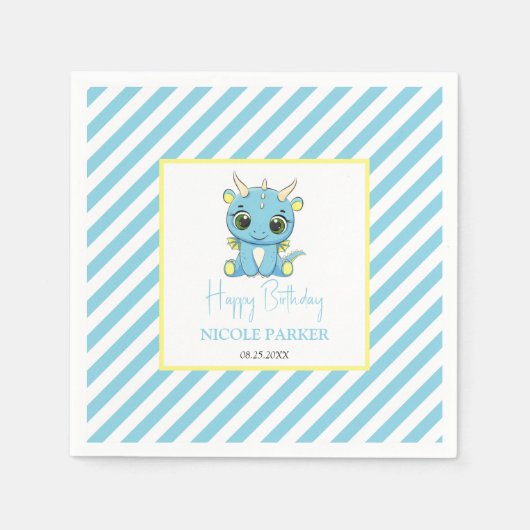 Schattigee Baby Dragon Blue Stripes Verjaardag Servet (Voorkant)