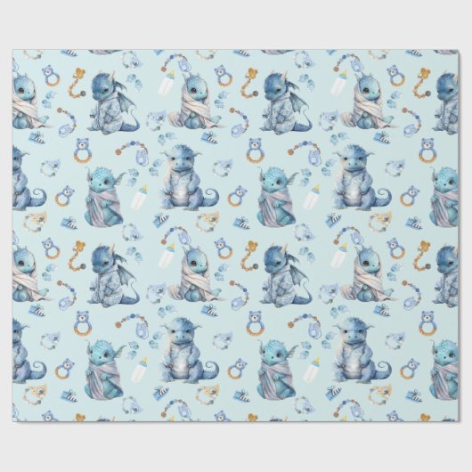 Schattigee Baby Dragon Blue Waterverf Cadeaupapier (Vlak)