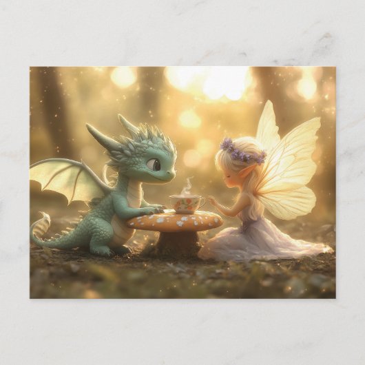 Schattigee Baby Dragon en Fairy Genieten van Thee Briefkaart (Voorkant)