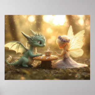 Schattigee Baby Dragon en Fairy Genieten van Thee Poster