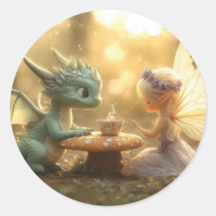 Schattigee Baby Dragon en Fairy Genieten van Thee Ronde Sticker