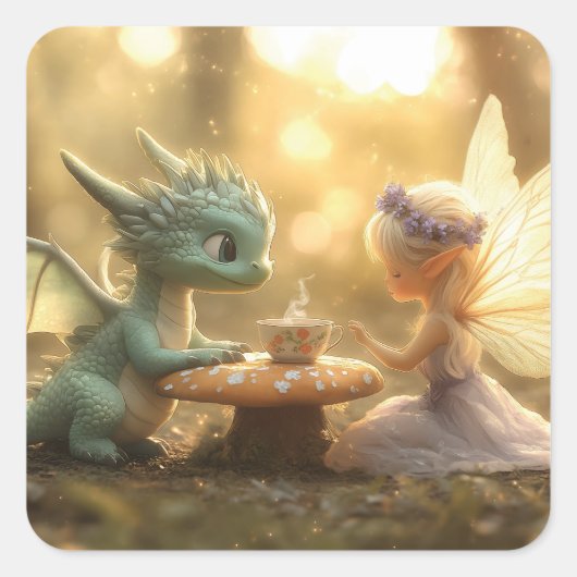 Schattigee Baby Dragon en Fairy Genieten van Thee Vierkante Sticker (Voorkant)