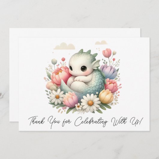 Schattigee Baby Dragon in een bed van bloemen dank Bedankkaart (Voorkant / Achterkant)