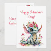 Schattigee Baby Dragon met harten bloemenValentijn Feestdagenkaart (Voorkant / Achterkant)