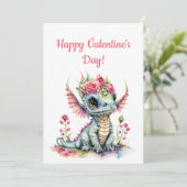 Schattigee Baby Dragon met harten bloemenValentijn Feestdagenkaart (Staand voorkant)