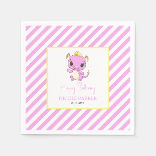 Schattigee Baby Dragon Pink Stripes Verjaardag Servet (Voorkant)