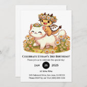 Schattigee Baby Dragon Riding White Cat Verjaardag Kaart (Voorkant / Achterkant)