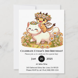 Schattigee Baby Dragon Riding White Cat Verjaardag Kaart