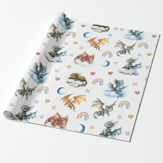 Schattigee Baby Dragon Waterverf Clouds Night Cadeaupapier (Uitgerold)