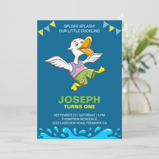 Schattigee Baby Duck eerste uitnodiging voor 1e ve (Staand voorkant)