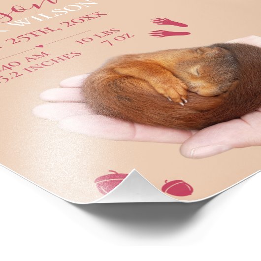 Schattigee baby eekhoorn aankondiging Baby meisje  Foto Afdruk (Hoek)