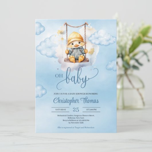 Schattigee baby eend op schommel in de lucht Oh Ba Kaart (Staand voorkant)