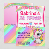 Schattigee baby Eenhoorn 7e verjaardag uitnodiging (Voorkant / Achterkant)