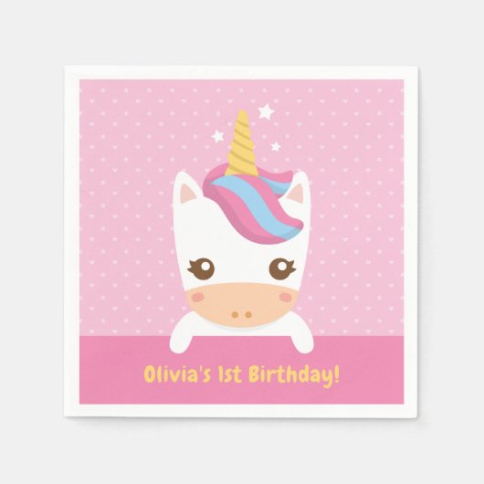 Schattigee Baby Eenhoorn Eerste Verjaardagsfeestse Servetten (Voorkant)