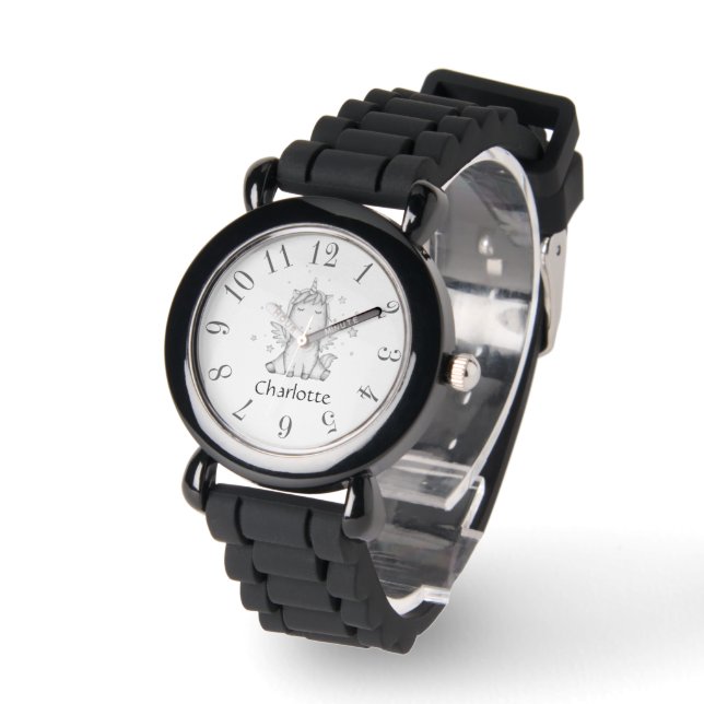 Schattigee Baby Eenhoorn Gepersonaliseerd Zwart &  Horloge (Hoek)