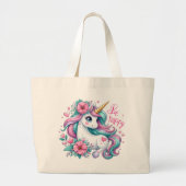 Schattigee Baby Eenhoorn Met Bloemen Voor Vrouwen Grote Tote Bag (Voorkant)