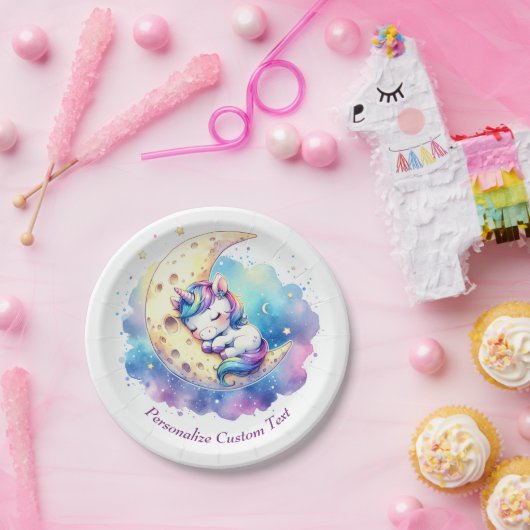 Schattigee Baby Eenhoorn Slapen op de Maan Papieren Bordje (Feest)