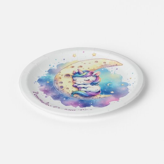 Schattigee Baby Eenhoorn Slapen op de Maan Papieren Bordje (Gekanteld)