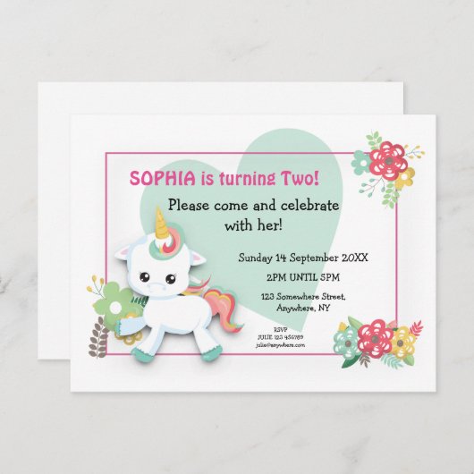 Schattigee Baby eenhoorn tweede verjaardagsuitnodi Briefkaart (Voorkant / Achterkant)