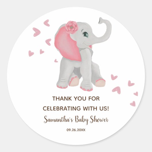 Schattigee Baby Elephant Blush Roze Baby shower Fa Ronde Sticker (Voorkant)