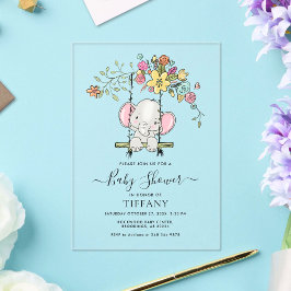 Schattigee Baby Elephant Boy Floral Swing Baby sho Acryl Uitnodigingen