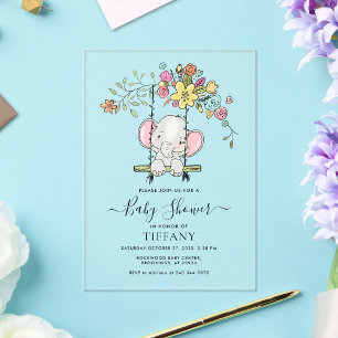 Schattigee Baby Elephant Boy Floral Swing Baby sho Acryl Uitnodigingen