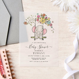 Schattigee Baby Elephant Boy Floral Swing Baby sho Vellum Uitnodigingen