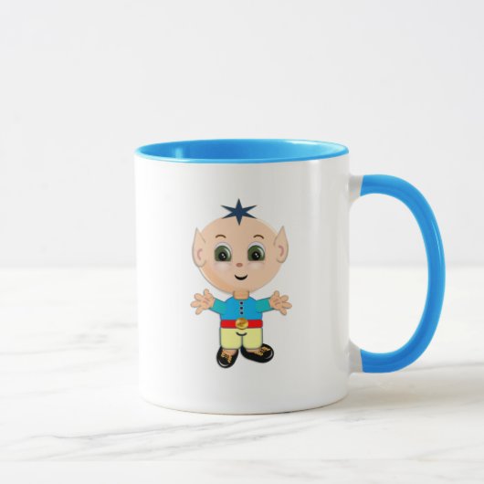 Schattigee baby elf cartoon in blauw en geel mok (Rechts)