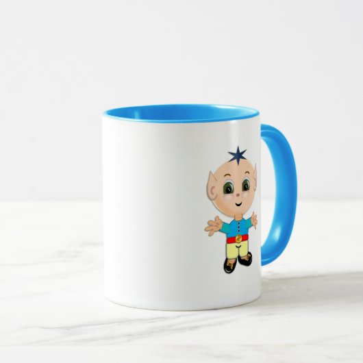 Schattigee baby elf cartoon in blauw en geel mok (Voorkant rechts)