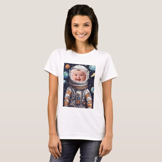 Schattigee Baby Foto Astronaut Cat Cutout Foto T-shirt (Voorkant volledig)